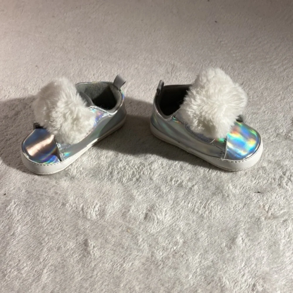 First Steps Silver Hologram Faux Fur Baby Shoes